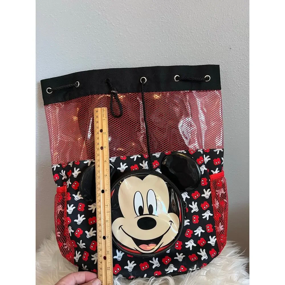 Mickey Mouse Disney Beach Mesh Bag Backpack Black Red Drawstring Ears Zipper